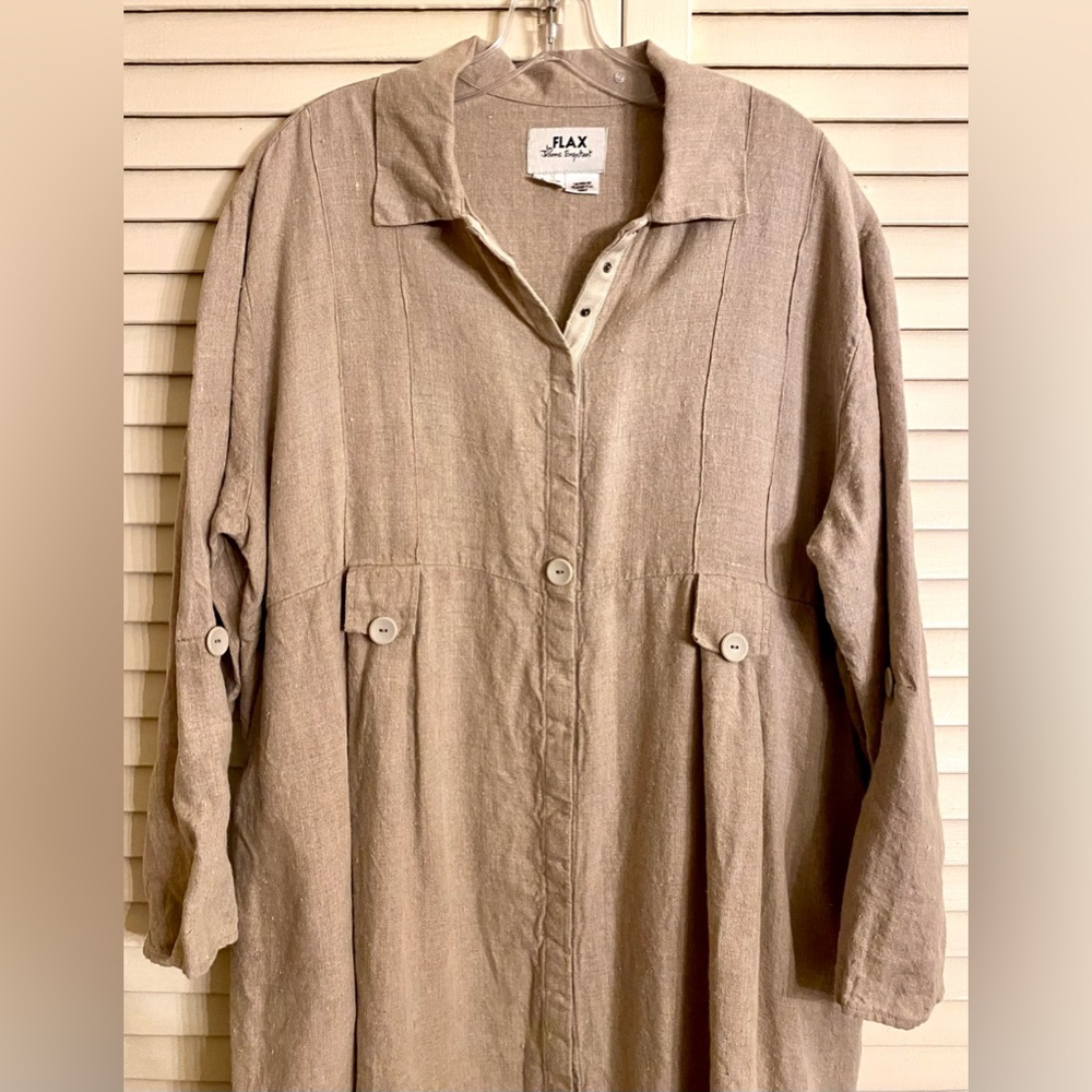 FLAX 100% Linen Tailored Long Dress / Duster w Pleats - Picture 4 of 8